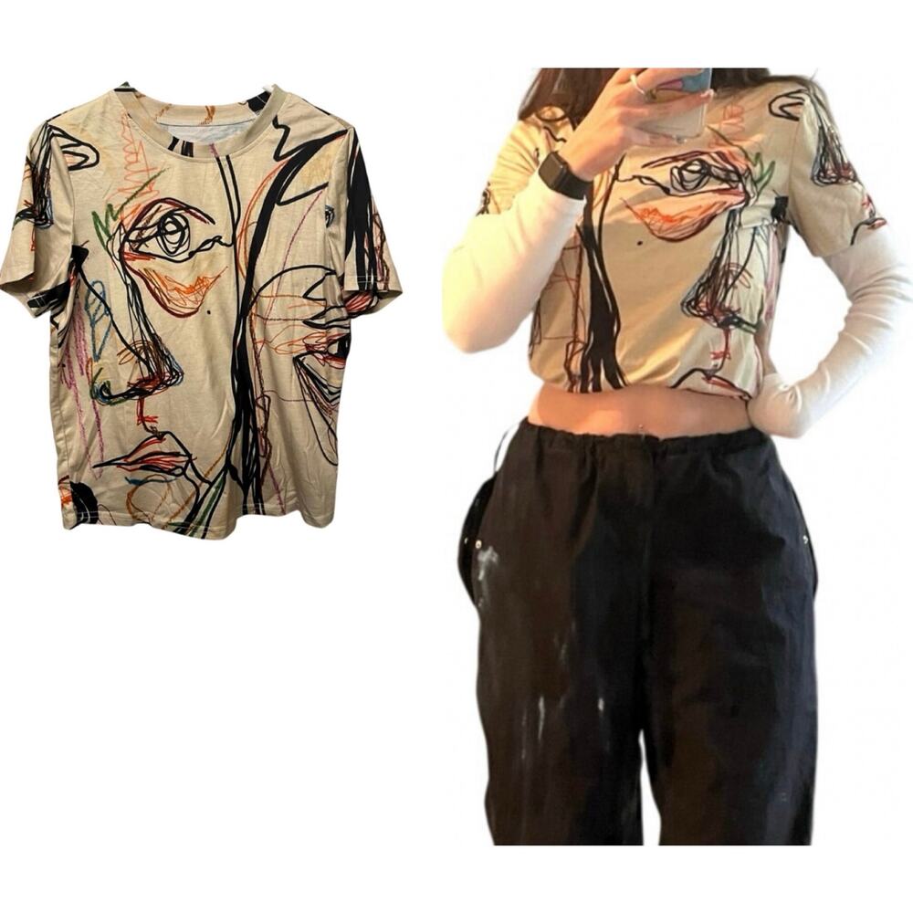 Funky Unique Modern Abstract Face Print Short Sleeve T-Shirt (M)